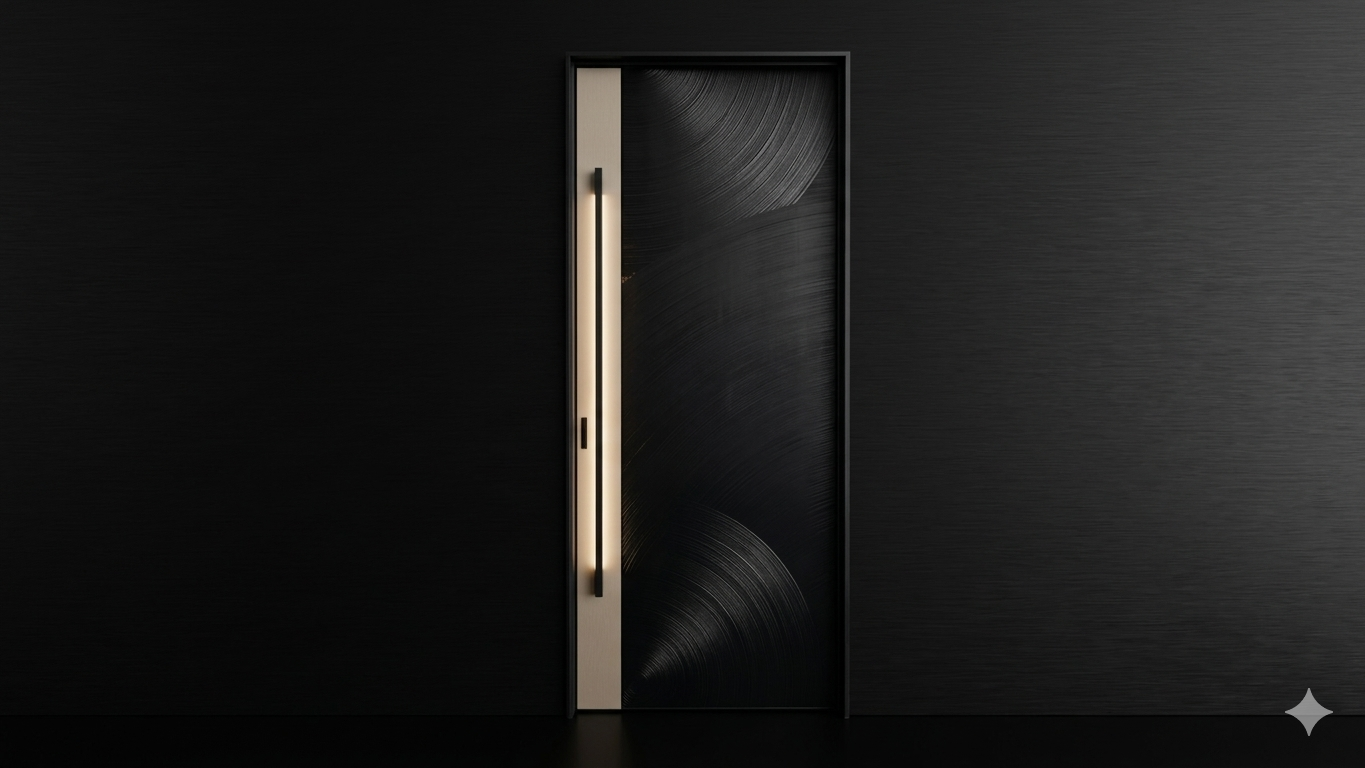 Custom architectural long pull handle, black matte PVD finish, compatible with KMAN smart locks for heavy-duty doors.