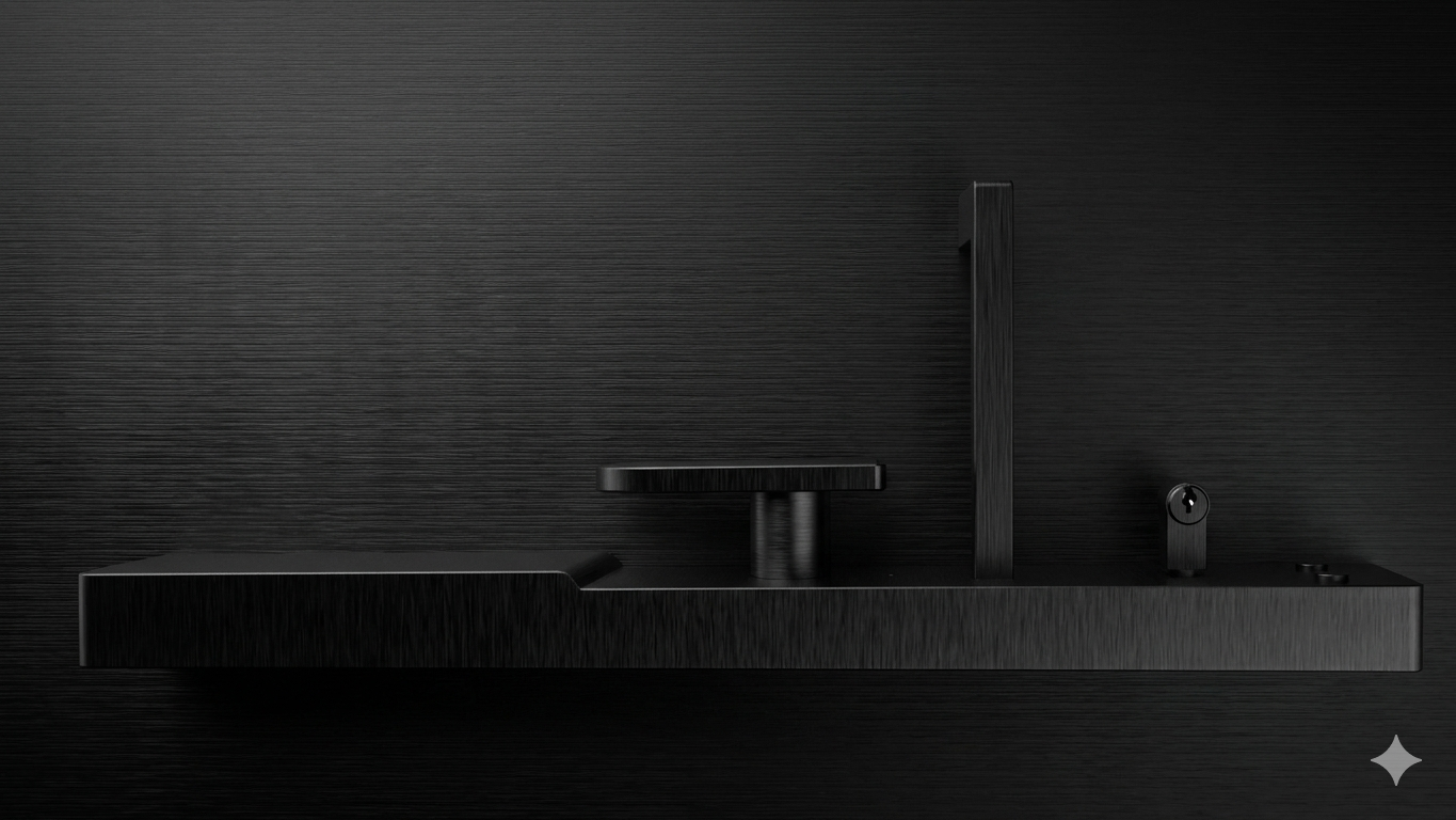 KMAN integrated architectural hardware system featuring CNC machined black brushed metal components and precision key cylinder for smart door solutions.
