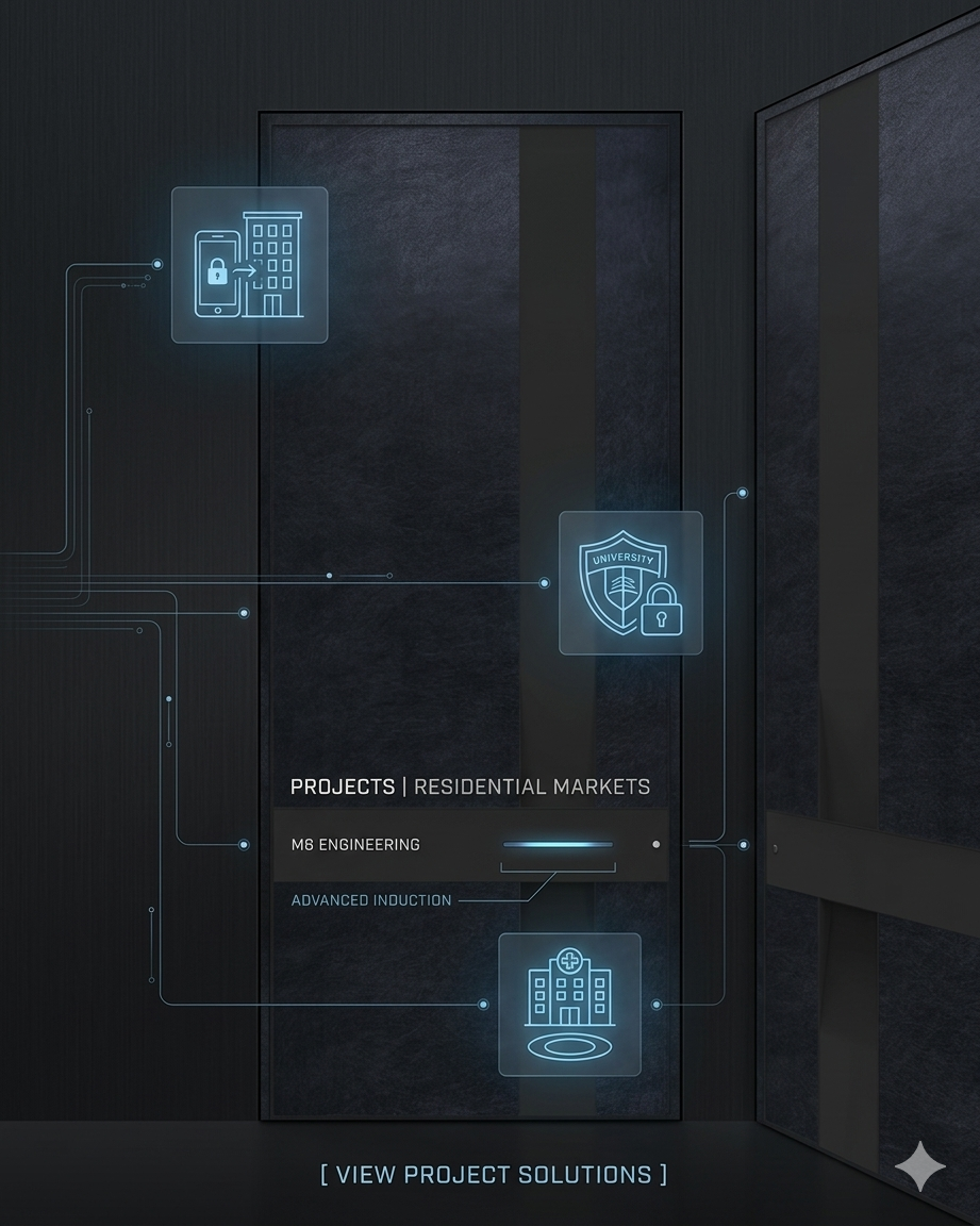 Diagram of KMAN project solutions showcasing two tier system: Standardized commercial-grade locks for multi-family residential developments and customized, integrated security for public institutions (hospitals, schools).
