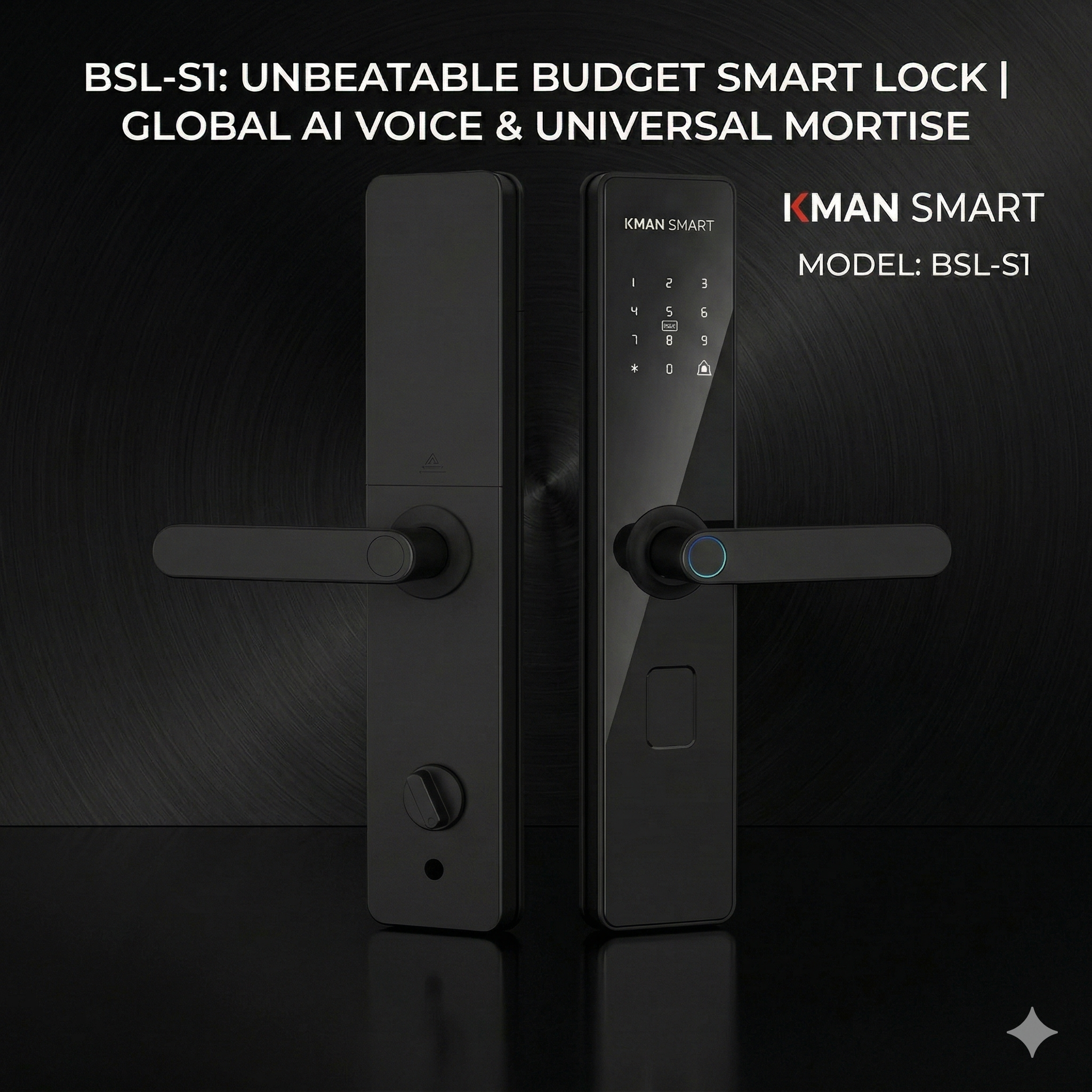 KMAN BSL-S1 matte black smart door lock with biometric fingerprint sensor and universal 6068/7068 mortise compatibility.