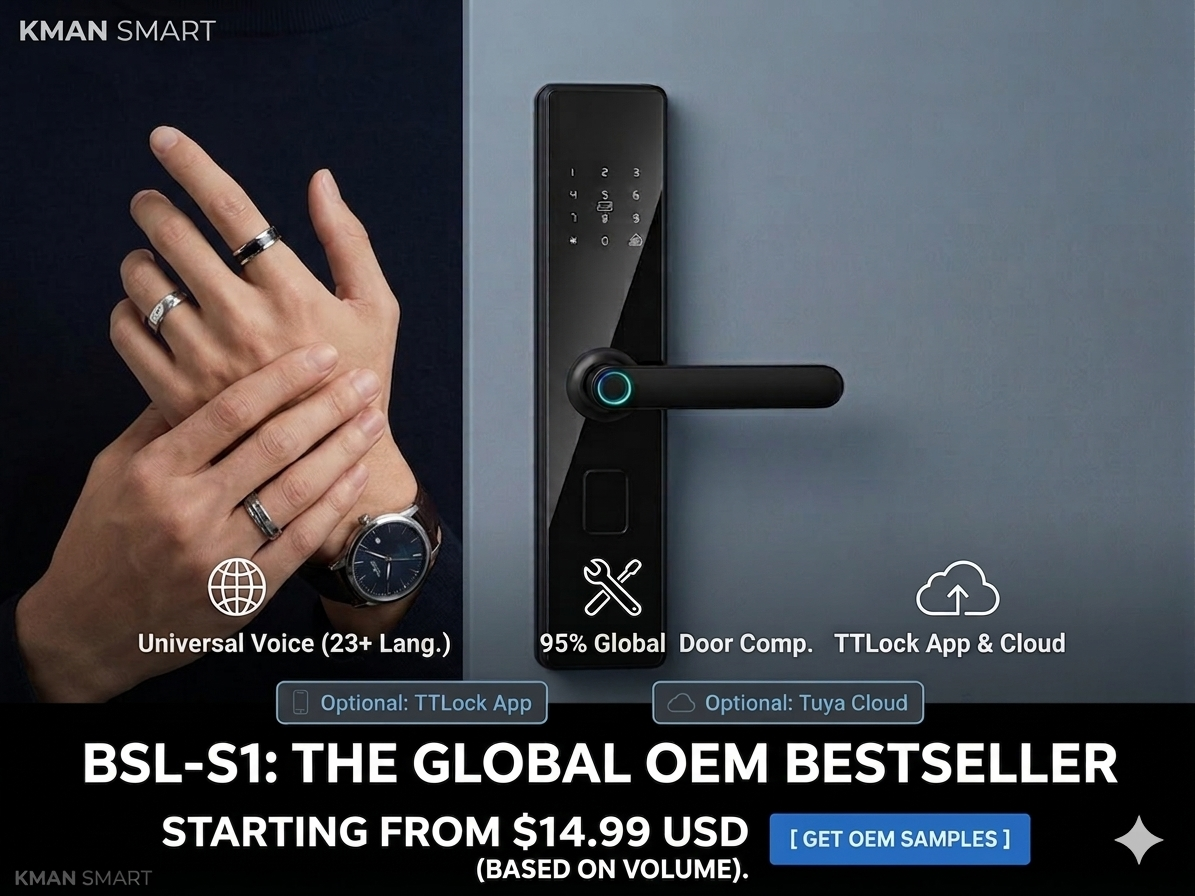 KMAN BSL-S1 Budget Smart Lock starting from 14.99 USD, support 23 languages and universal door compatibility for global OEM projects.