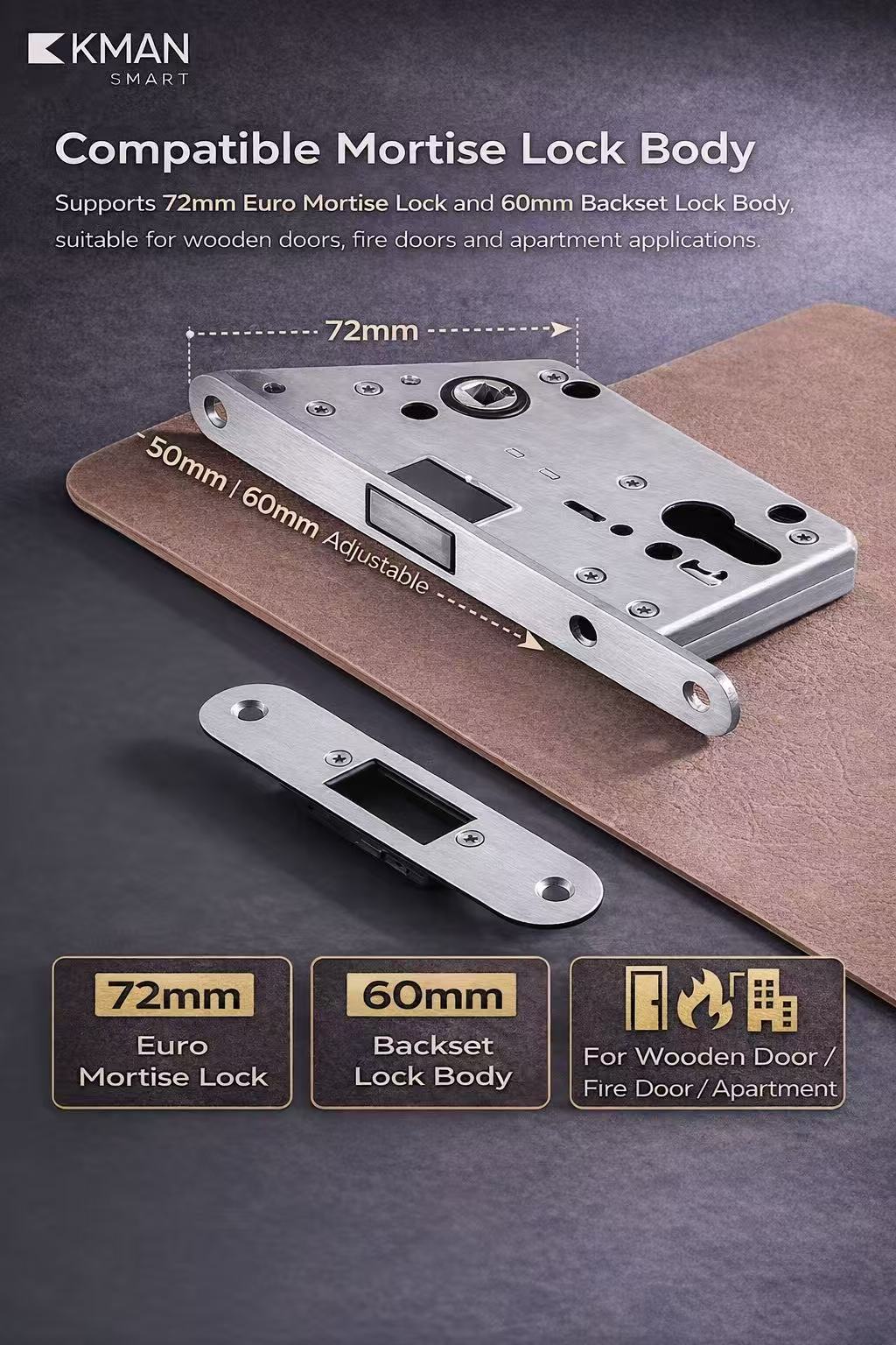 smart door handle lock compatible with 72mm euro mortise lock and 60mm backset lock body for wooden fire and apartment doors