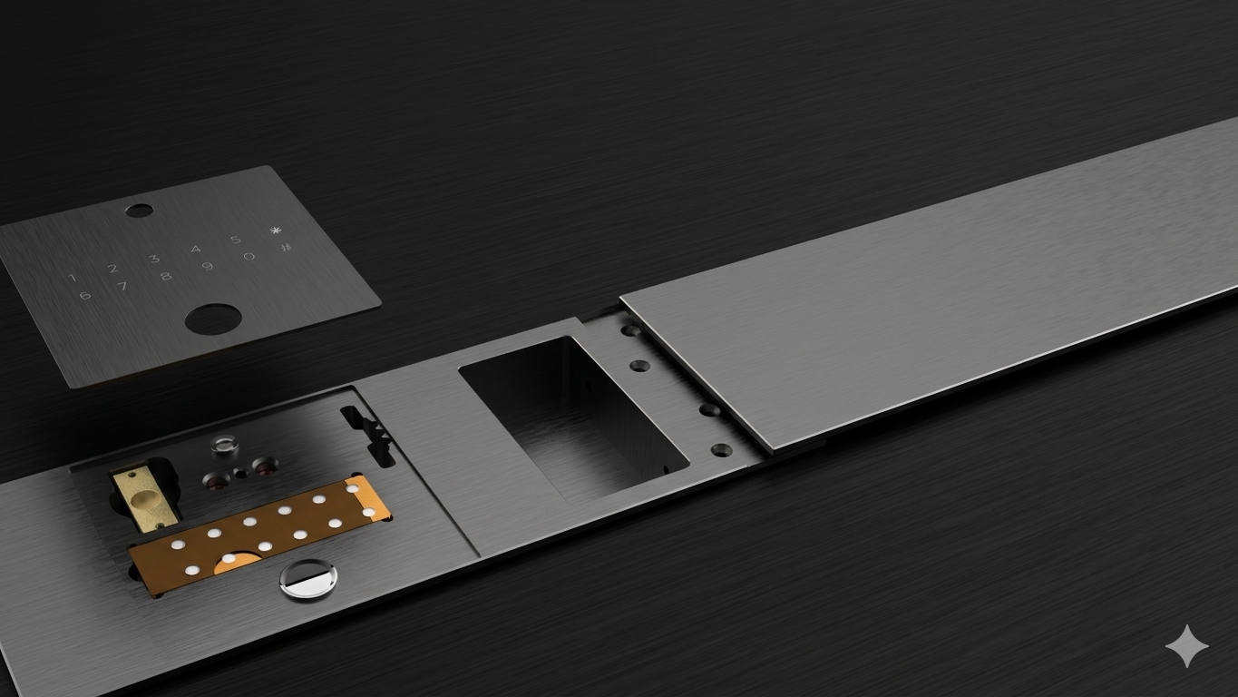 Exploded view of KMAN high-security smart lock hardware showing internal PCB and brass components for OEM/ODM projects.