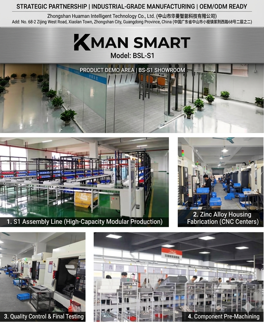 KMAN SMART BSL-S1 smart lock factory tour showing showroom, high-capacity assembly line, precision CNC machining for zinc alloy, and quality control stations for B2B wholesale.