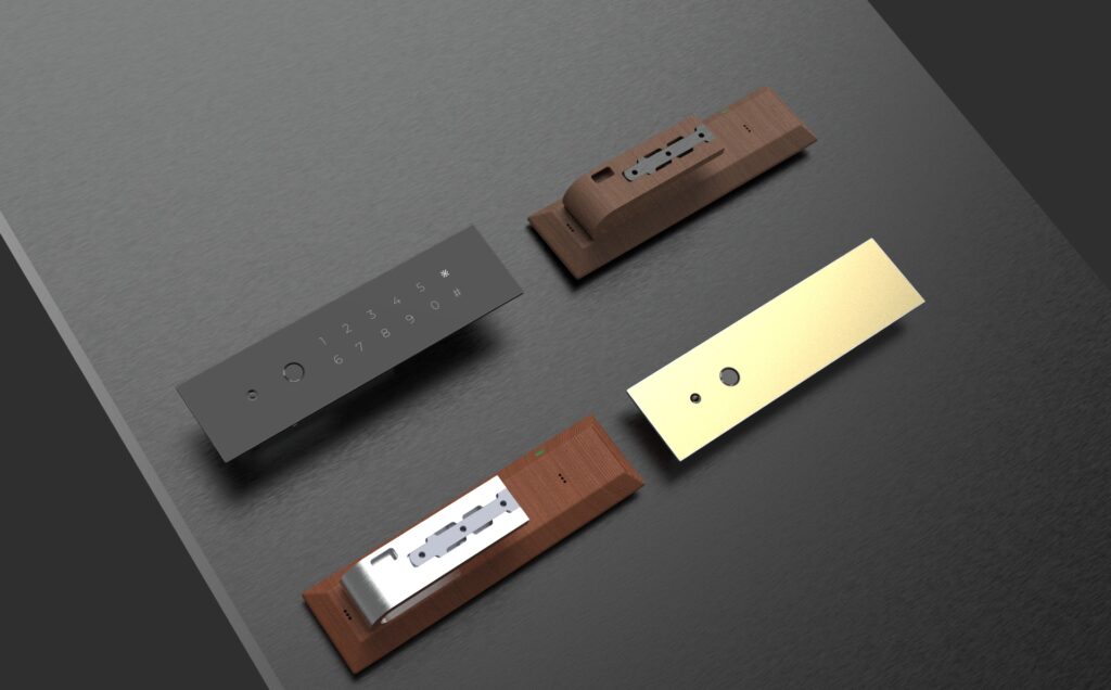 "High-end KMAN-UX smart lock flush-integrated on custom doors, adapted to door color and style, preserving architectural aesthetics."