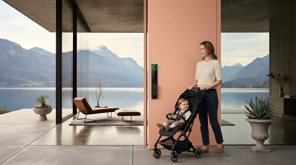 KMAN SMART 3D face recognition door lock achieving automated hands free entry and non contact unlocking for a user pushing a baby stroller at a premium modern residence.