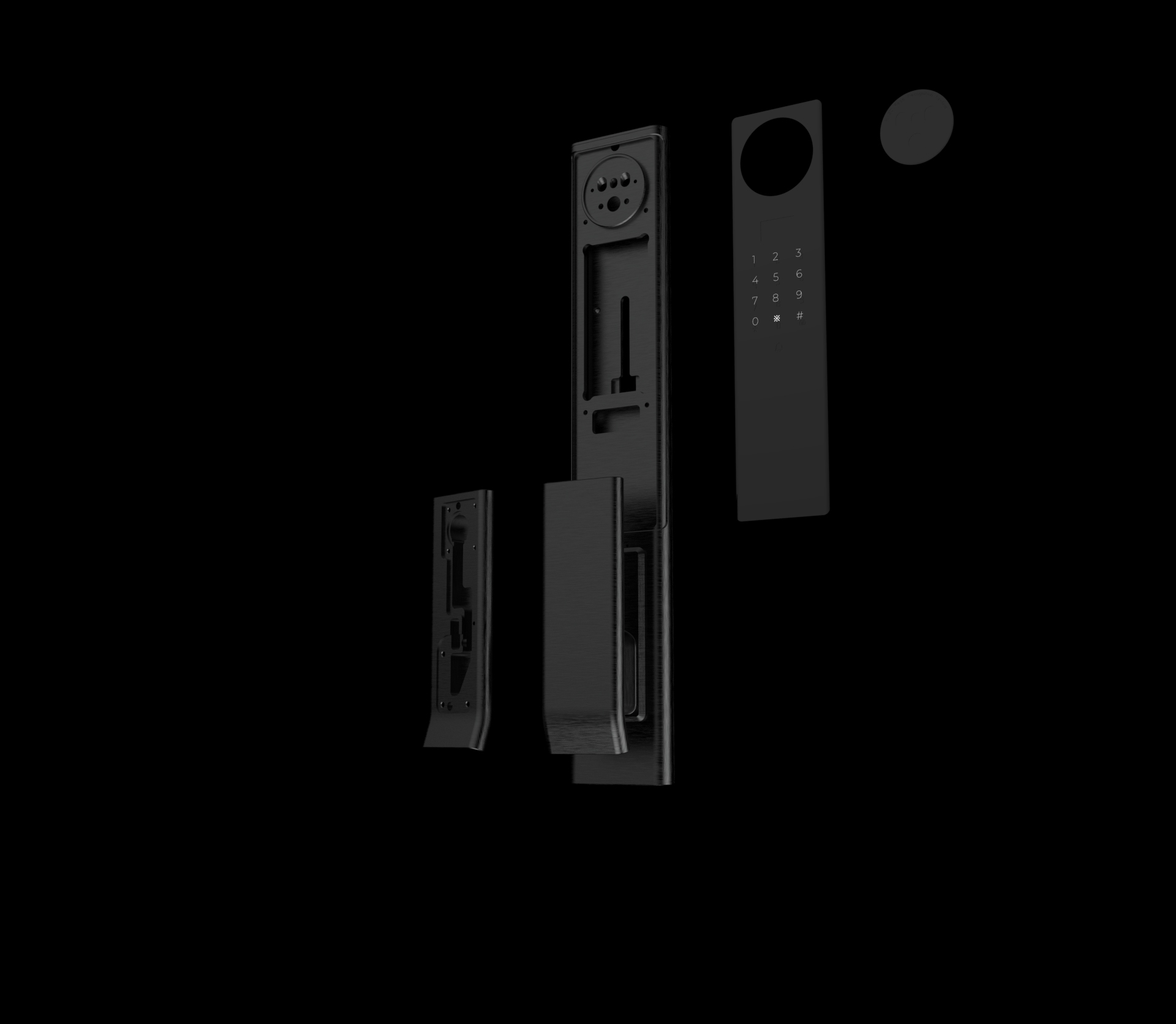 Exploded view of KMAN-H500 residential smart lock showcasing multi-axis CNC machined magnesium-aluminum alloy chassis, internal motorized drive gears, and monolithic hardware component engineering.
