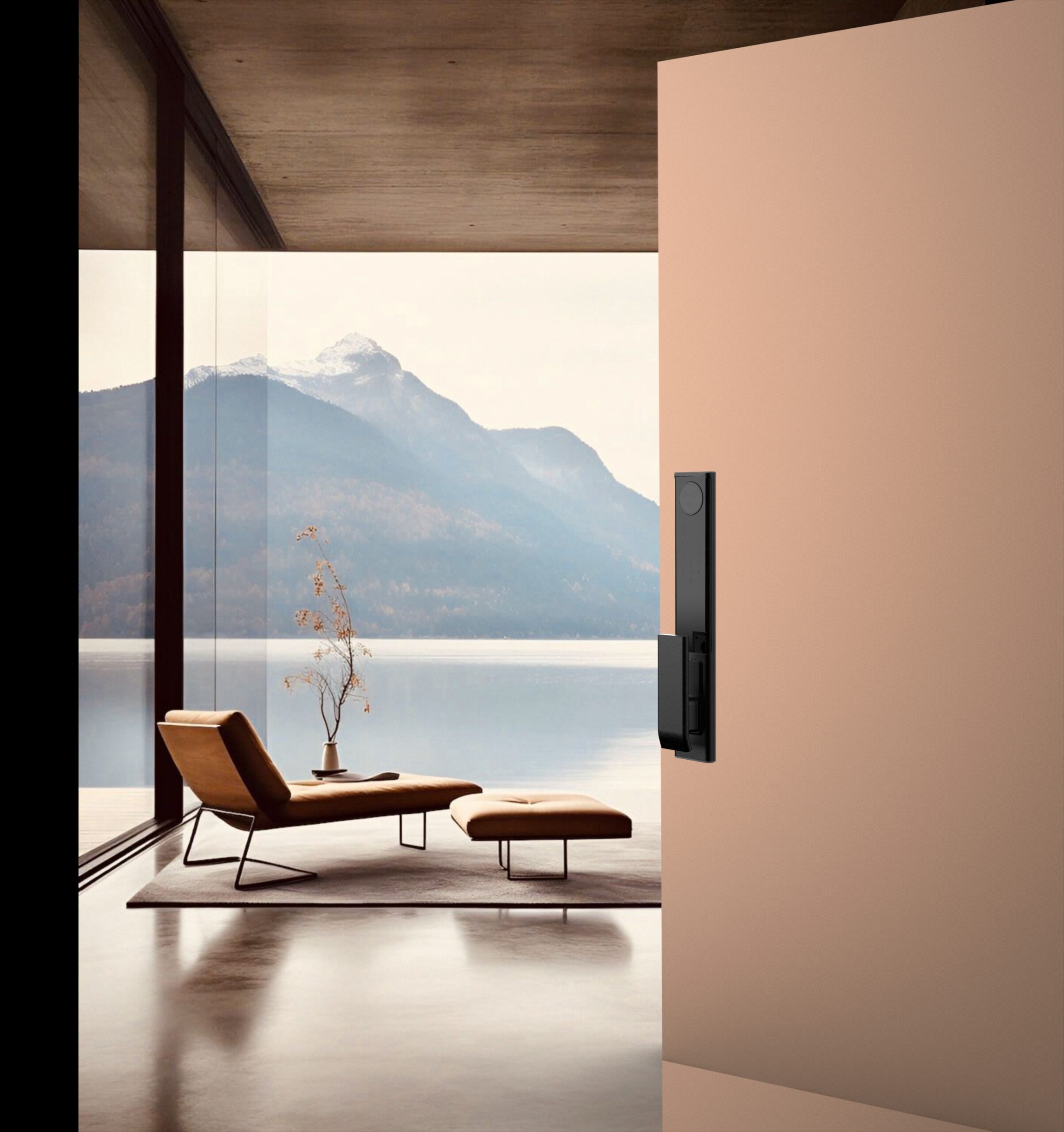 Minimalist architectural deployment of KMAN-H500 smart entry lock installed on a premium modern villa door overlooking a lakeside luxury residential landscape.