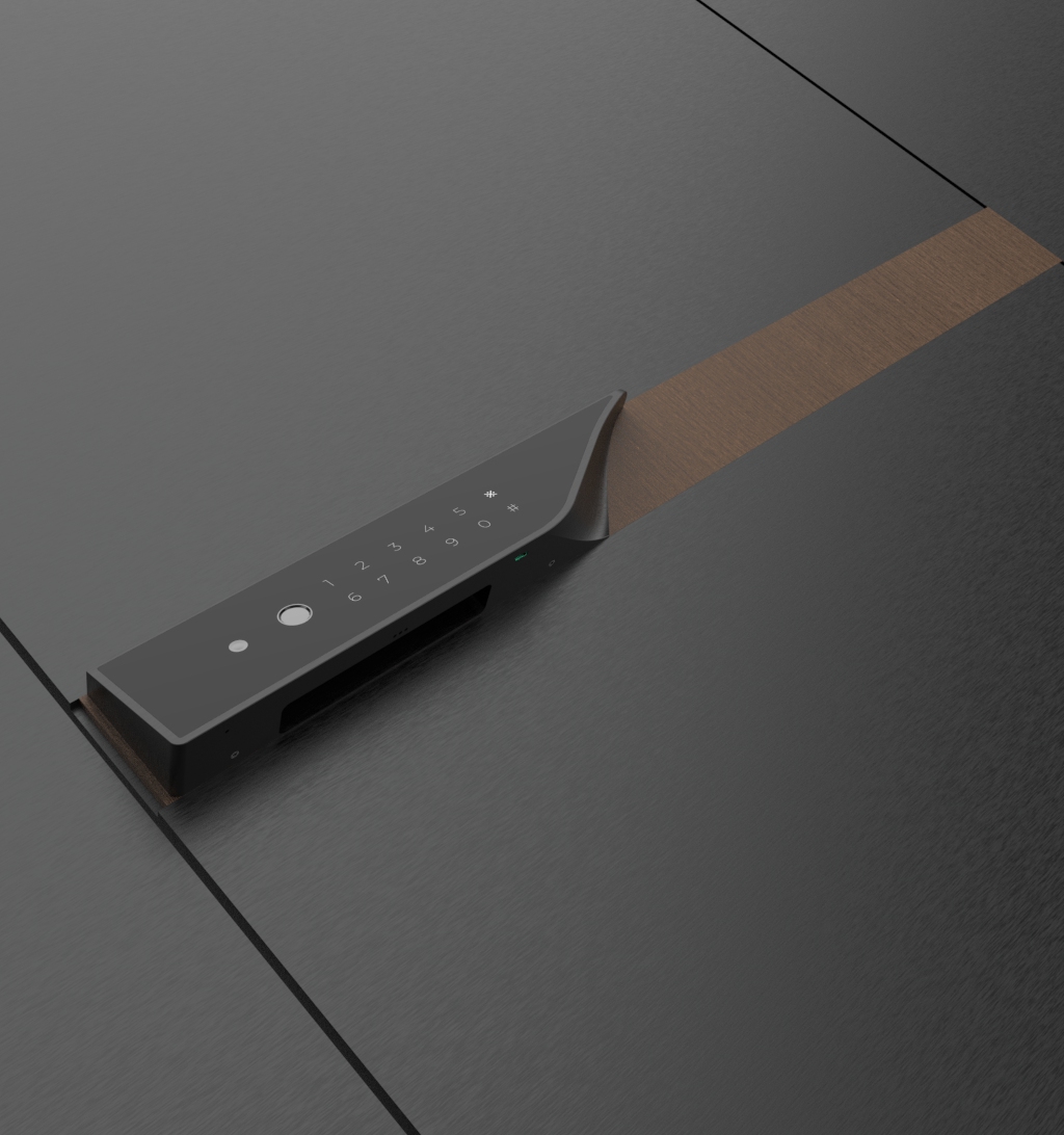 KMAN-LX sculptural smart lock with a metallic finish, showcasing tone-on-tone integration with carbon grey doors.