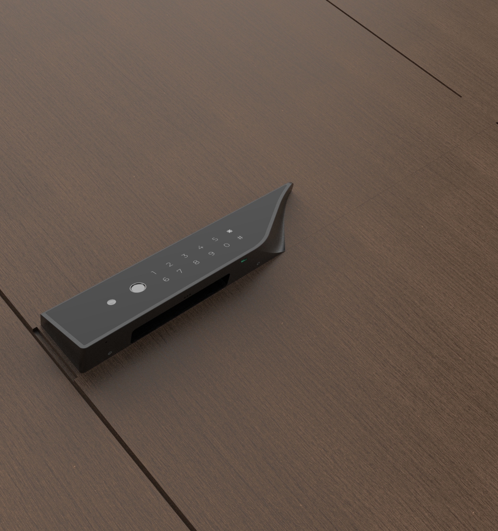 KMAN-LX smart lock in matte black finish integrated with a deep ebony wood door texture.