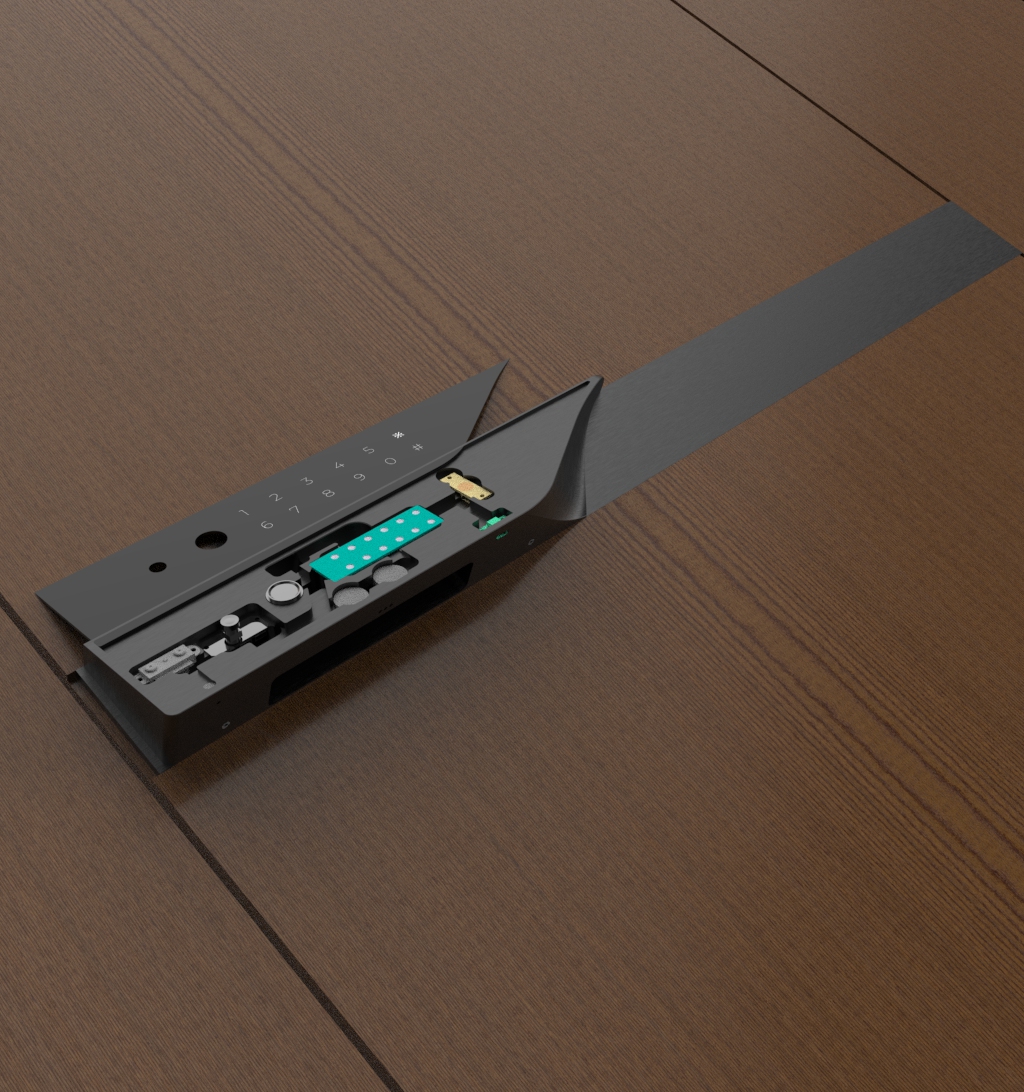 Technical view of KMAN-LX smart lock handle, detailing Integrated Video Intercom, Face ID, Palm Vein sensor, and digital keypad with colorful algorithmic logic board, showcasing multi-modal security protocol.