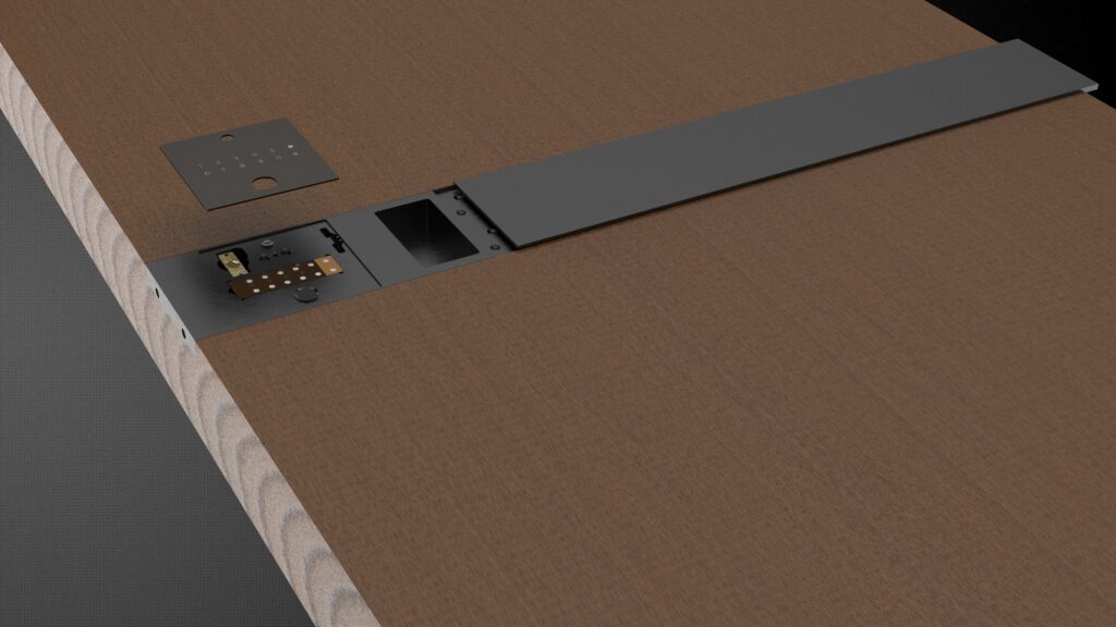Technical deconstruction of KMAN-MAX flush-integrated smart lock showing modular components, biometric interface, and depth calibration for armored door customization.