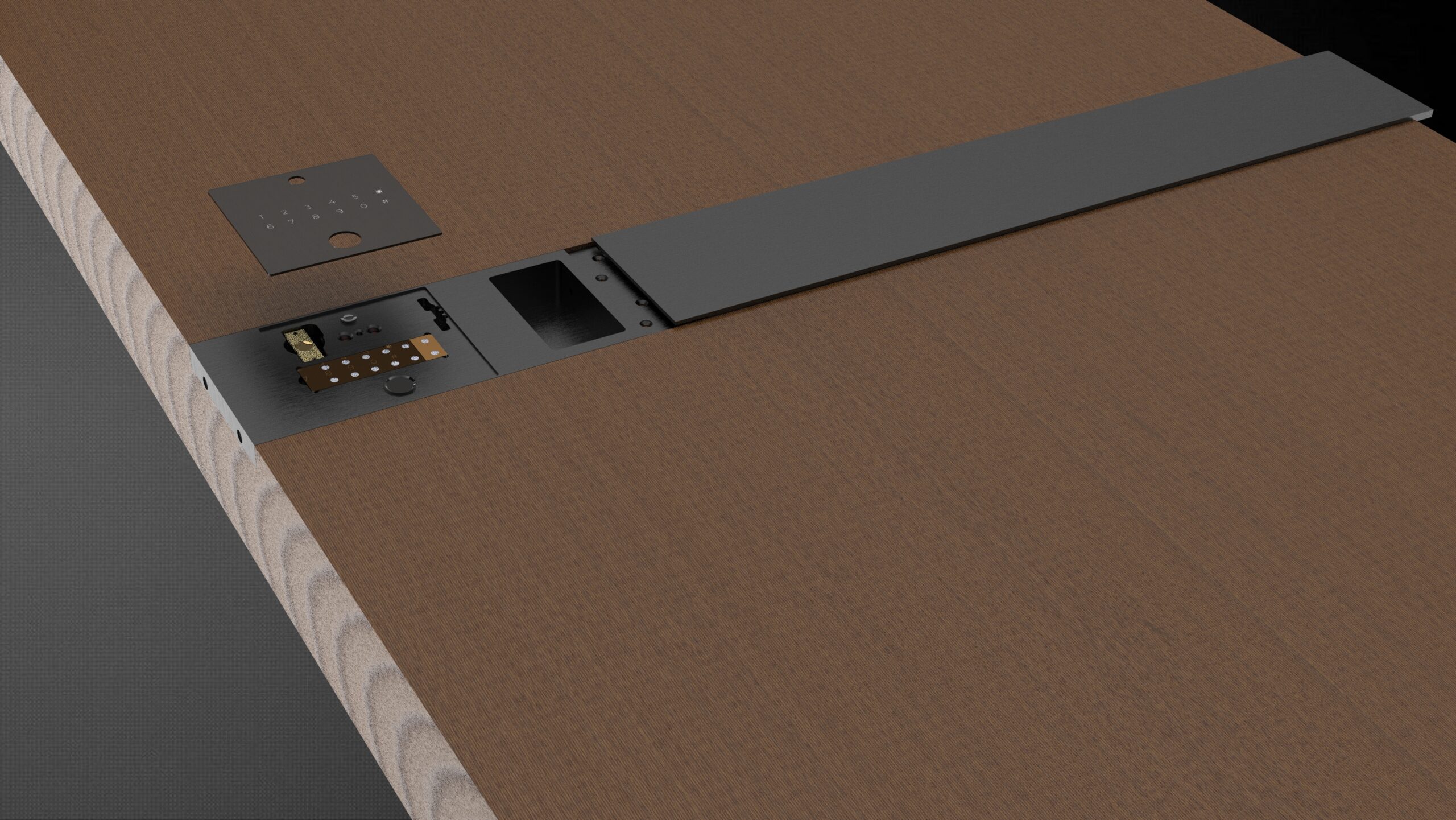 Technical deconstruction of KMAN-MAX flush-integrated smart lock showing modular components, biometric interface, and depth calibration for armored door customization.