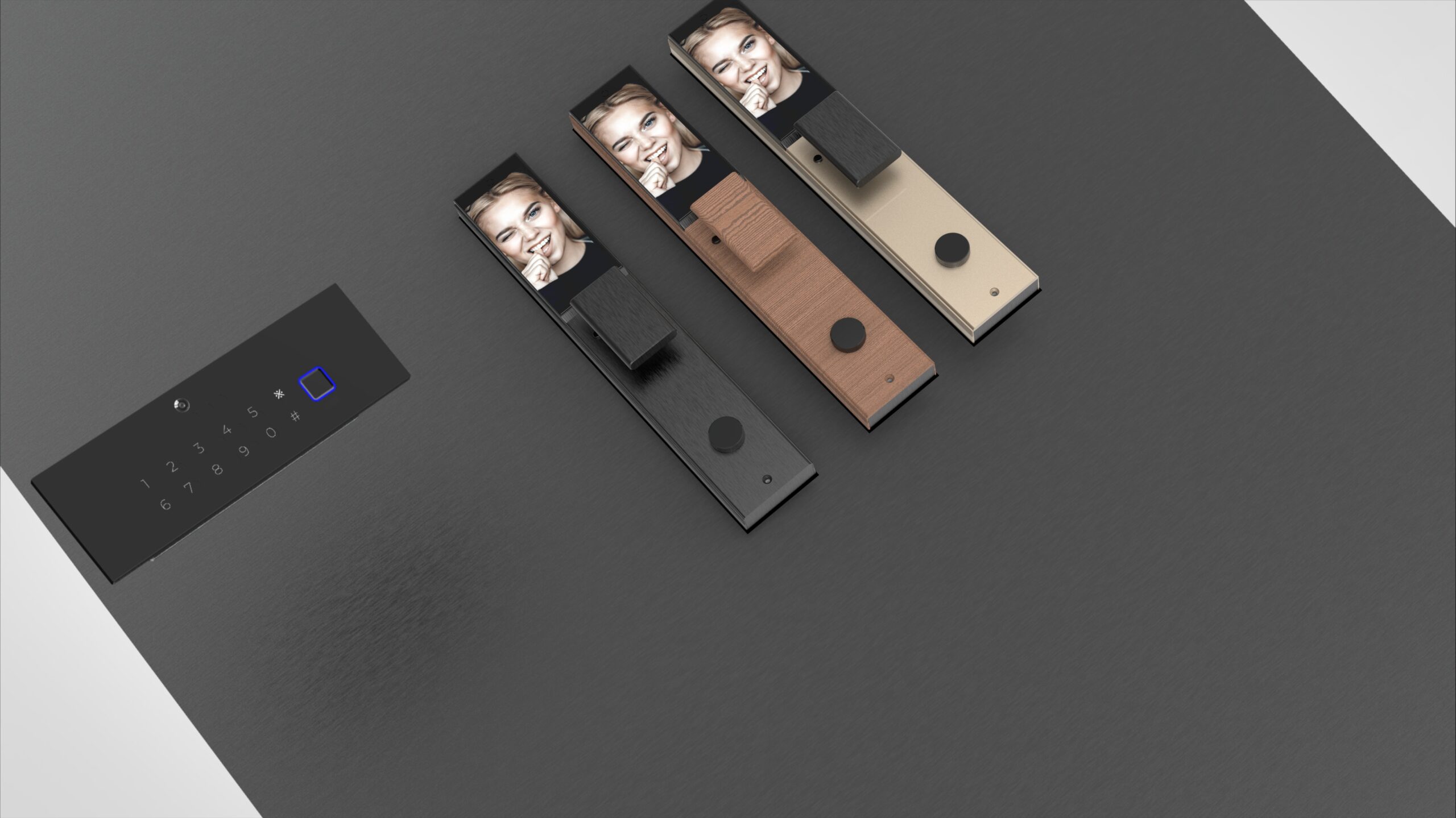 KMAN-PX premium flat panel flush-mounted smart lock system with custom finishes including black brushed metal, wood grain, and satin gold for luxury interior design.