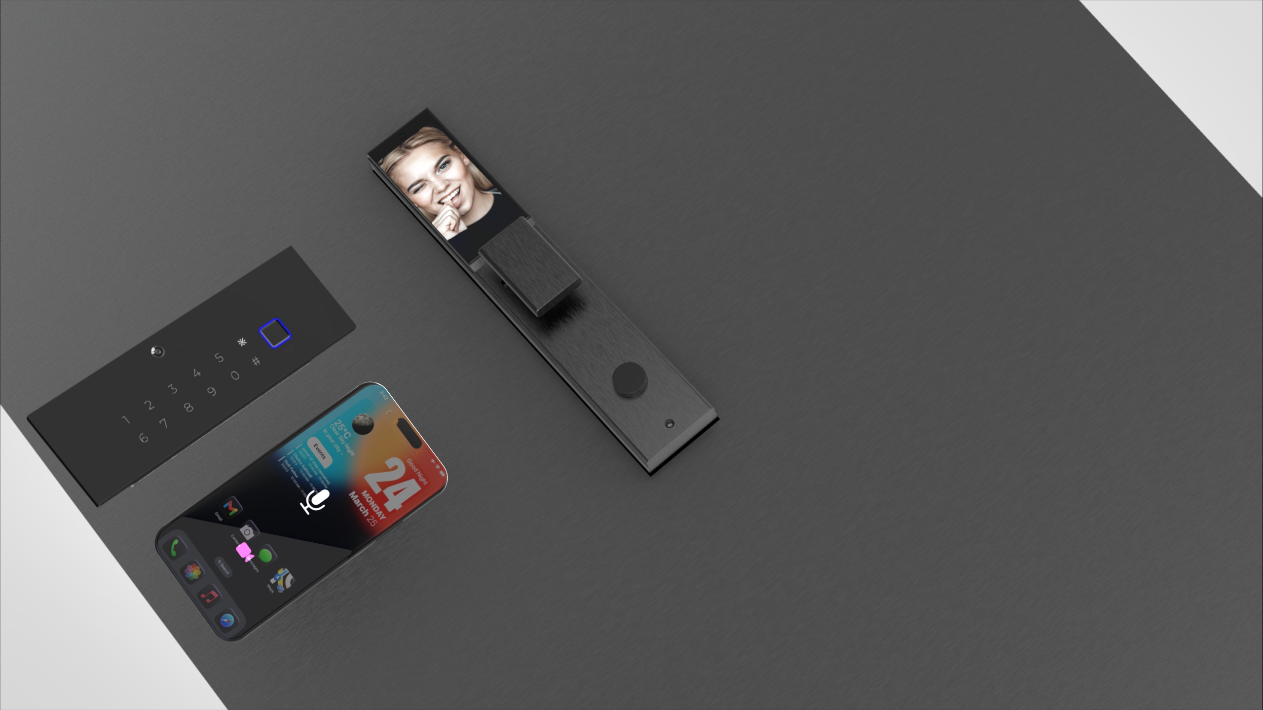 KMAN-PX ultra-thin flat panel flush-mounted smart lock system on black brushed metal door with indoor screen visual verification and mobile app.