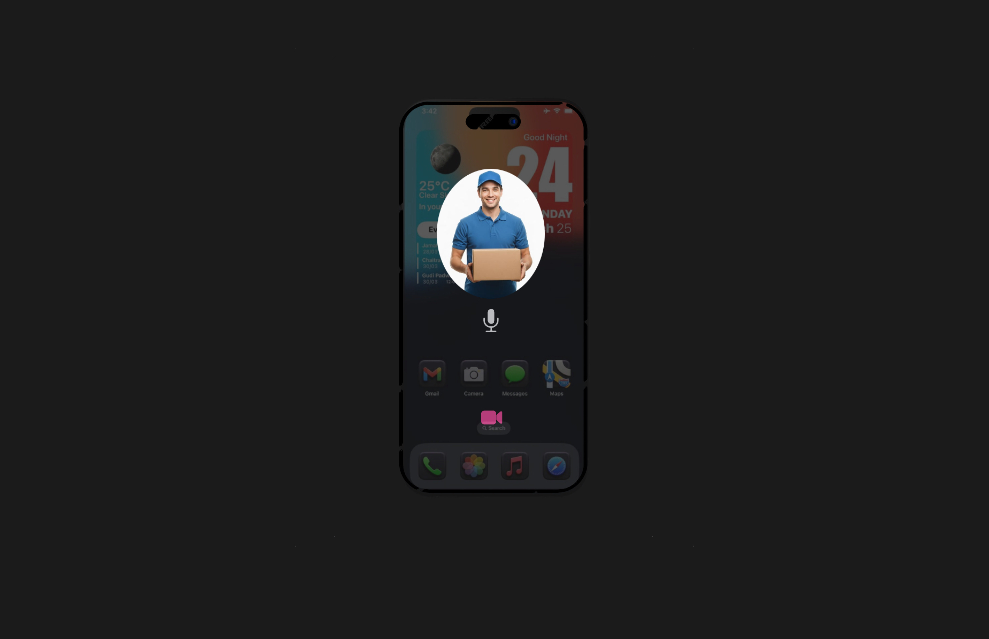 Mobile phone screen showing real-time video intercom with delivery courier connected to KMAN-PX smart lock system.