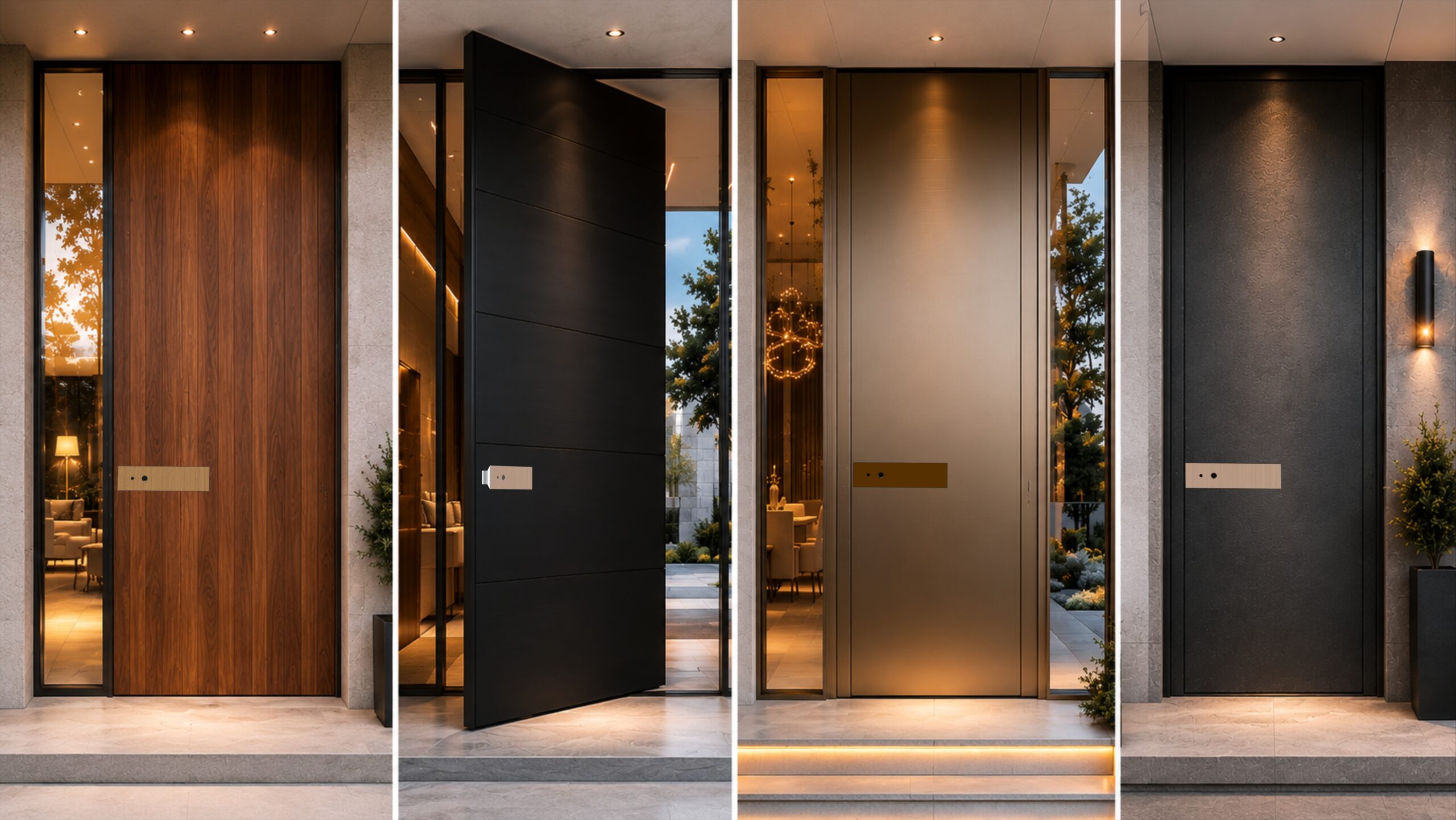 KMAN-UX smart lock integrated across wood doors, pivot doors, aluminum entrance doors, and armored doors with customized material and finish matching.