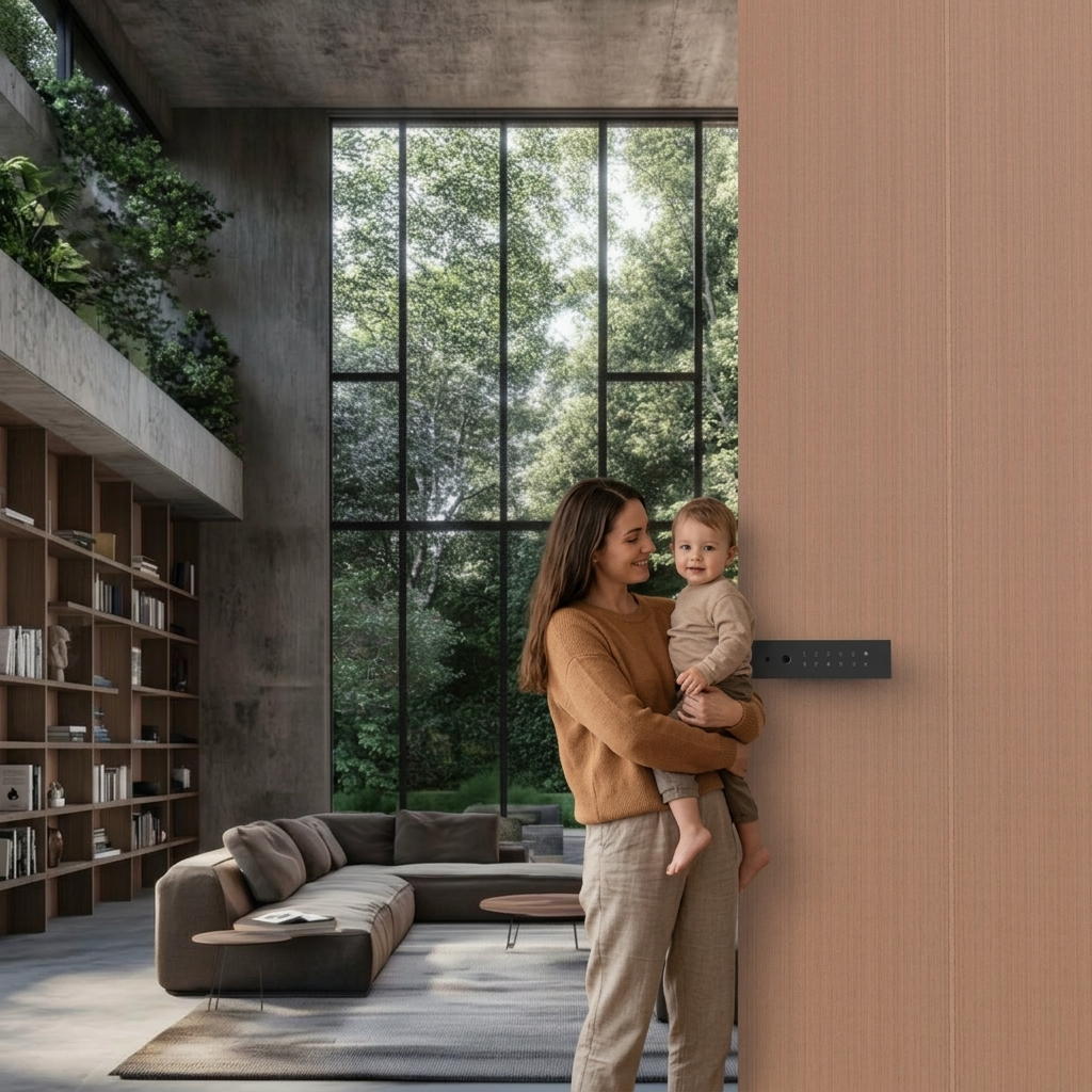 KMAN-UX intelligent architectural entrance system integrated into a contemporary minimalist living environment.