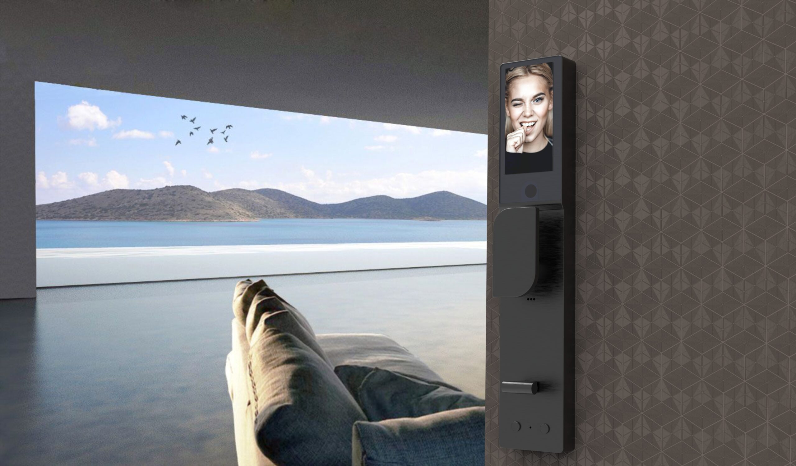 KMAN-UX architectural smart lock featuring a 4.5-inch interior visual display connected to the front cat-eye camera for real-time monitoring and video communication.