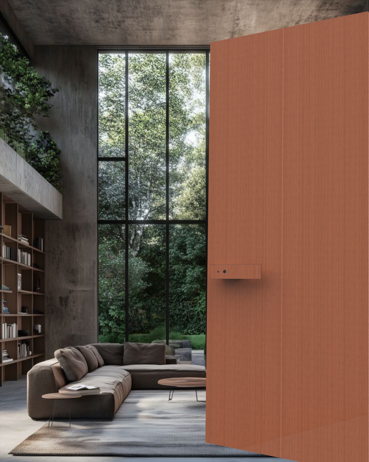 KMAN UX concealed smart lock seamlessly integrated into a luxury wooden architectural door with invisible hardware design.