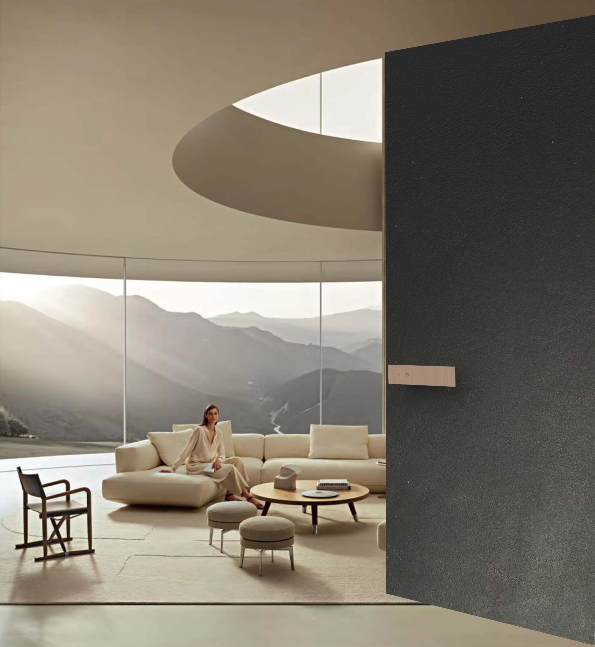 Luxury residential entrance featuring KMAN-UX architectural smart handle integrated into a premium contemporary door.