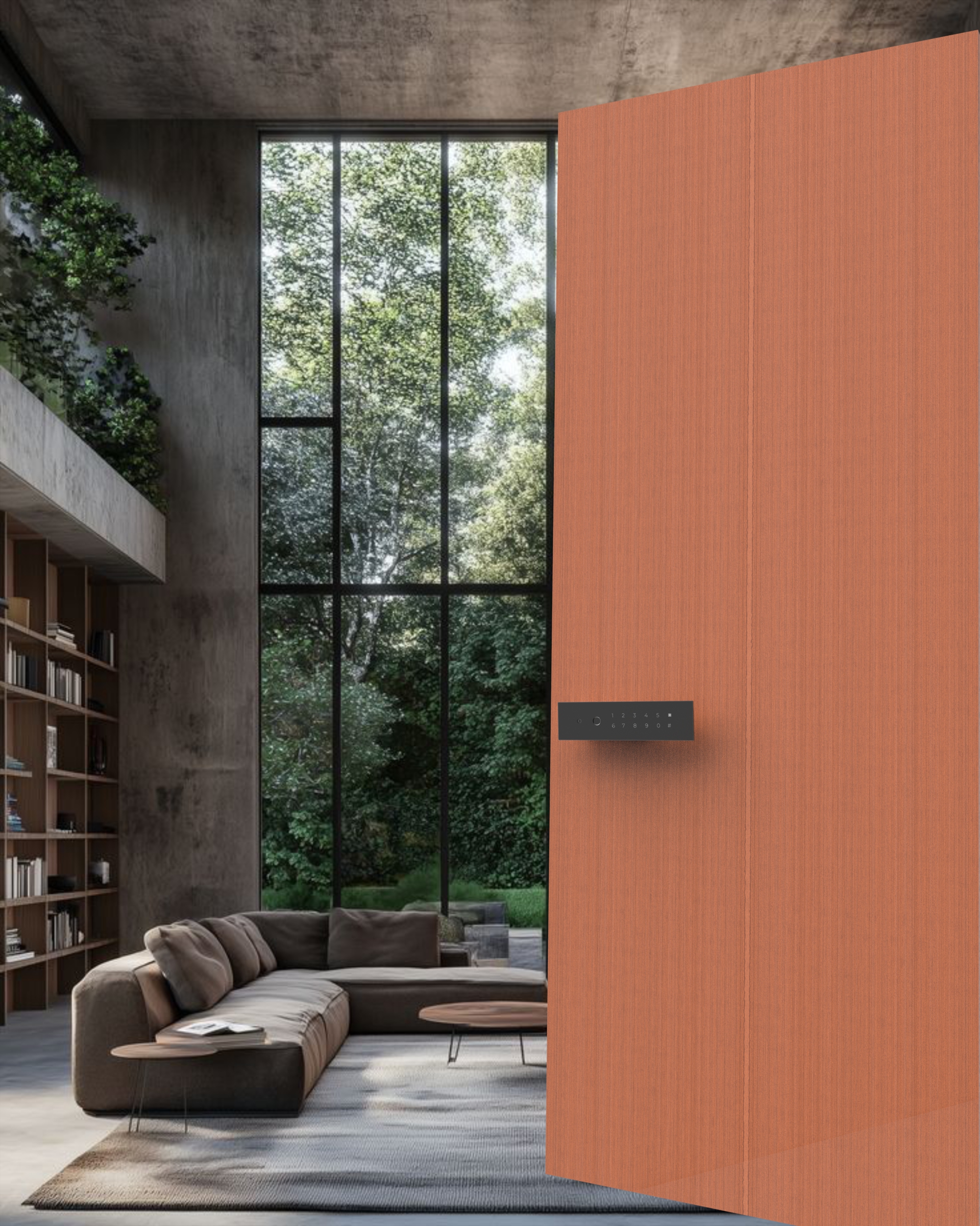 KMAN UX architectural smart lock with visible access interface integrated into a luxury wooden pivot door.