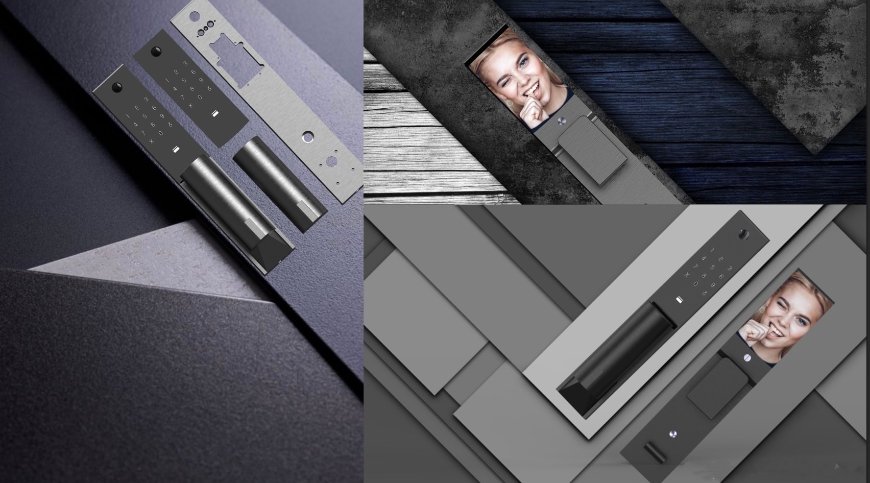 Deconstructed engineering view of KMAN-VX smart lock showcasing the multi-axis CNC milled aerospace alloy plate exploded diagram alongside the active 4.5-inch interior visual surveillance screen.