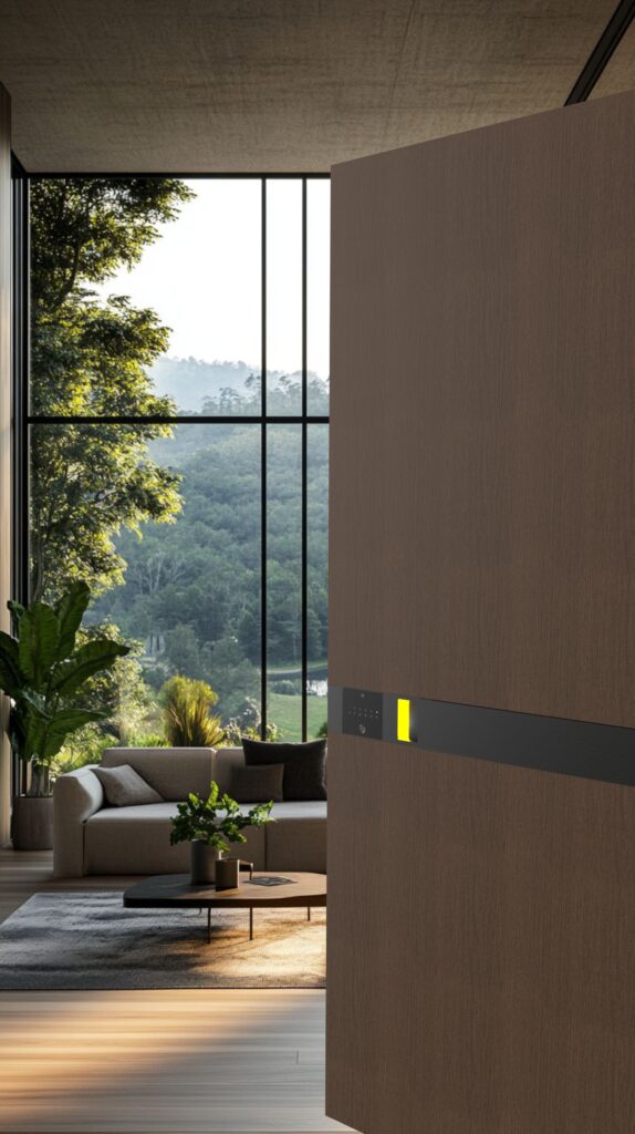 Modern architectural entrance featuring the KMAN-MAX integrated smart entry system, illustrating the transition between exterior and interior spaces.