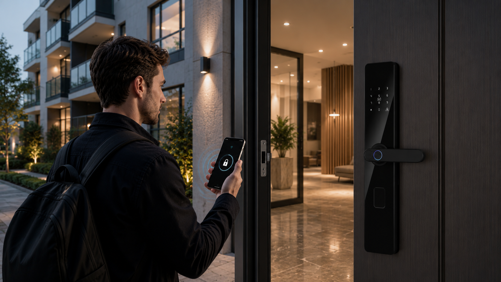 KMAN P1 smart lock installed on an apartment entrance door with smartphone access control